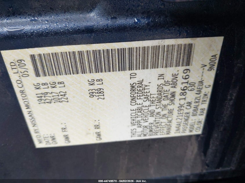 2009 NISSAN ALTIMA SEDAN 2.5L I-4 DOHC, VVT, 170HP