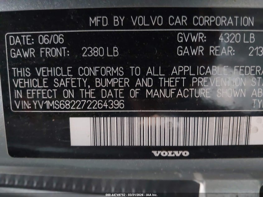 2007 Volvo S40 T5 VIN: YV1MS682272264396 Lot: 44749752