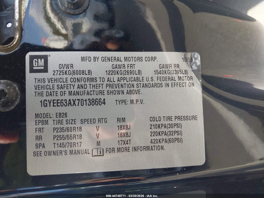 2007 Cadillac Srx V8 VIN: 1GYEE63AX70138664 Lot: 44749771