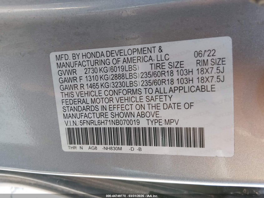 2022 Honda Odyssey Ex-L VIN: 5FNRL6H71NB070019 Lot: 44749770