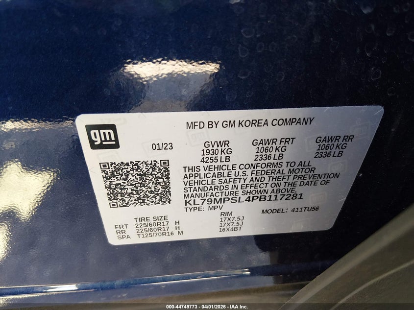 VIN KL79MPSL4PB117281 2023 CHEVROLET TRAILBLAZER FWD LT