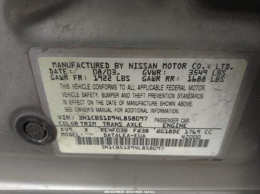 2004 Nissan Sentra 1.8S VIN: 3N1CB51D94L858097 Lot: 44749828