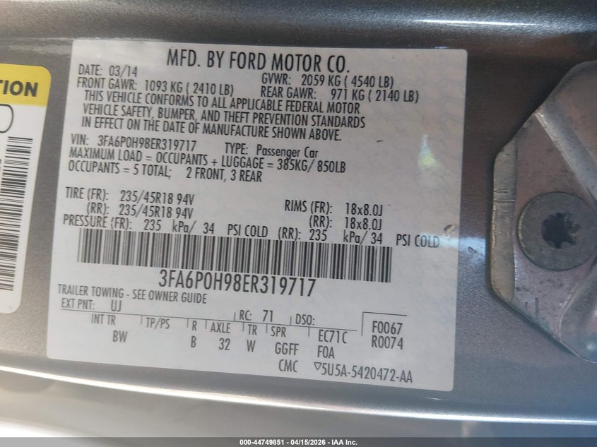 2014 Ford Fusion Se VIN: 3FA6P0H98ER319717 Lot: 44749851