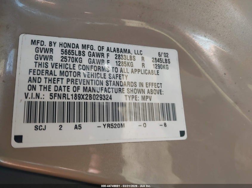 2002 Honda Odyssey Ex-L VIN: 5FNRL189X2B029324 Lot: 44749881