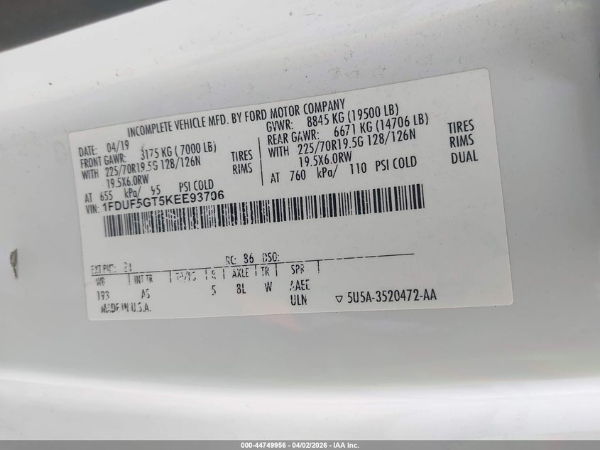 2019 Ford F-550 Chassis Xl VIN: 1FDUF5GT5KEE93706 Lot: 44749956