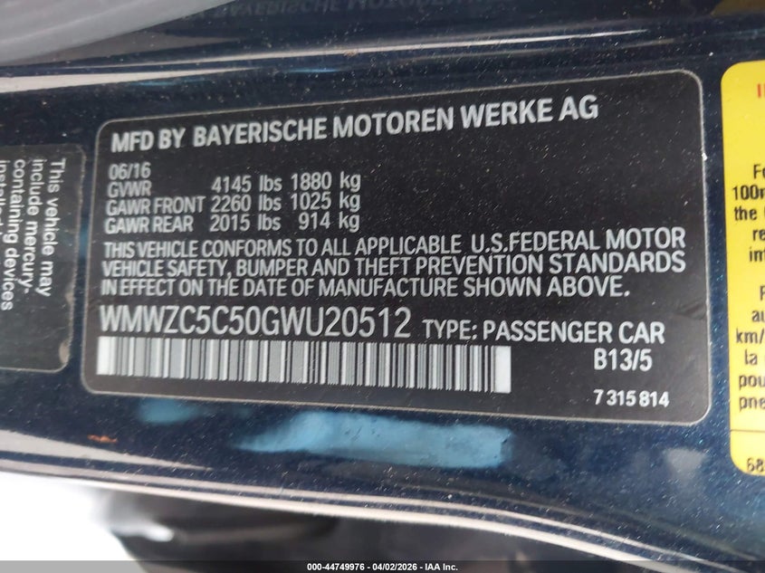 2016 Mini Countryman Cooper S VIN: WMWZC5C50GWU20512 Lot: 44749976