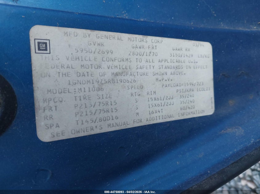 1994 Chevrolet Astro VIN: 1GNDM19Z5RB190626 Lot: 44750093