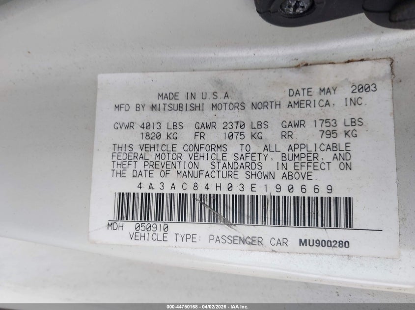 2003 Mitsubishi Eclipse Gt VIN: 4A3AC84H03E190669 Lot: 44750168