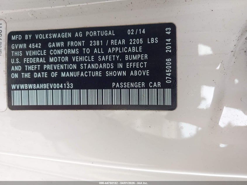 2014 Volkswagen Eos Komfort VIN: WVWBW8AH9EV004133 Lot: 44750182