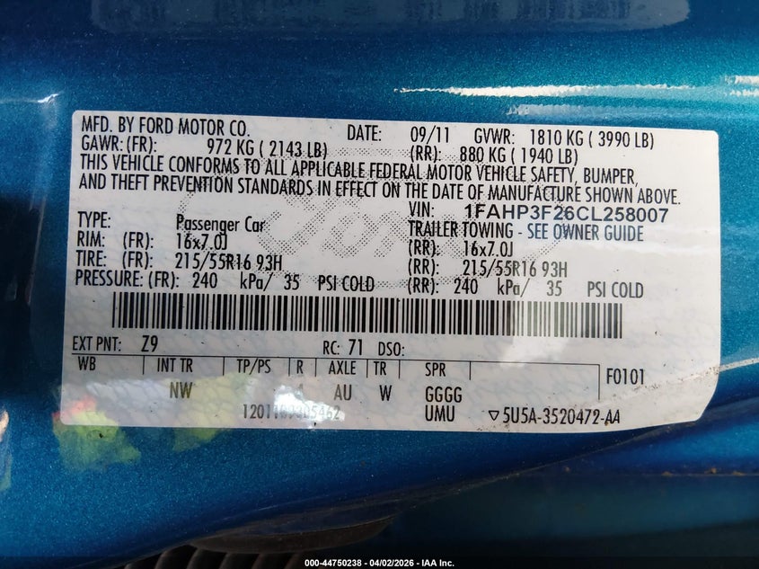 2012 Ford Focus 2.0 Se blue Lot 111044750238 Vin 1FAHP3F26CL258007