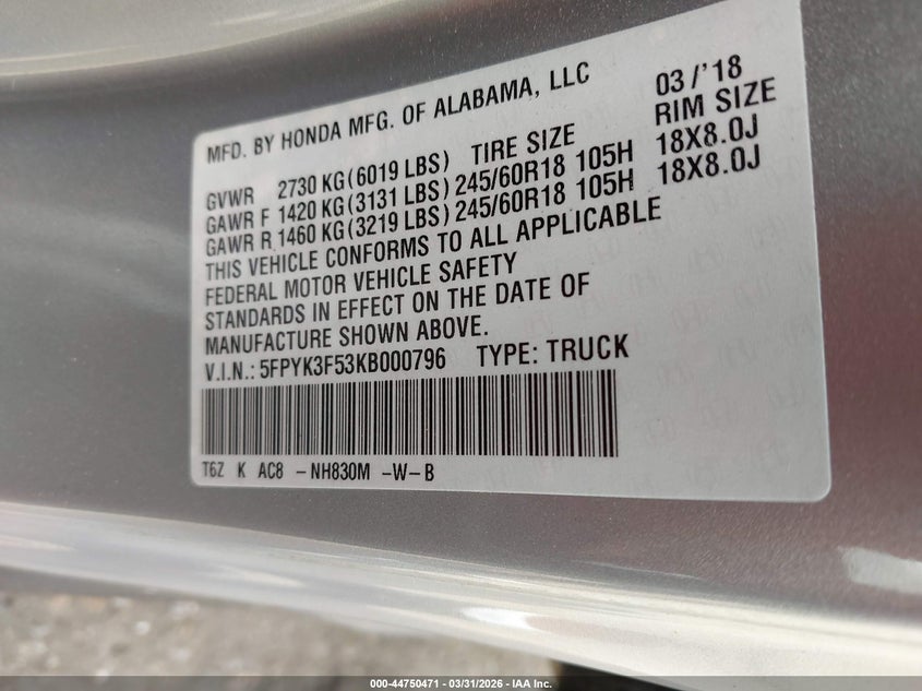 2019 Honda Ridgeline Rtl VIN: 5FPYK3F53KB000796 Lot: 44750471