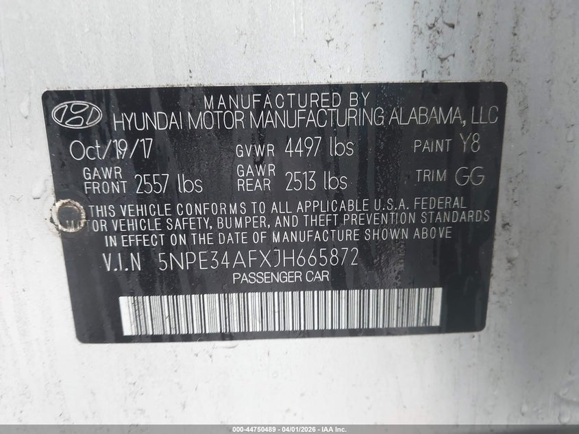 VIN 5NPE34AFXJH665872 2018 HYUNDAI SONATA SEL