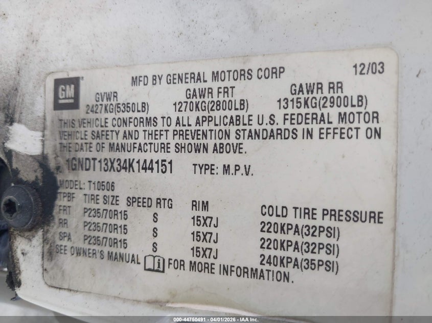 2004 Chevrolet Blazer Ls VIN: 1GNDT13X34K144151 Lot: 44750491