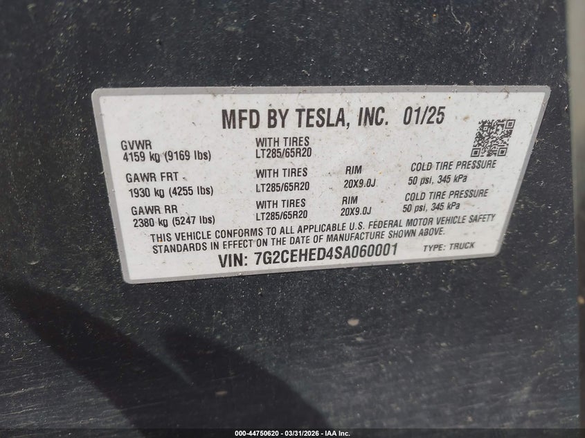 2025 Tesla Cybertruck All-Wheel Drive VIN: 7G2CEHED4SA060001 Lot: 44750620
