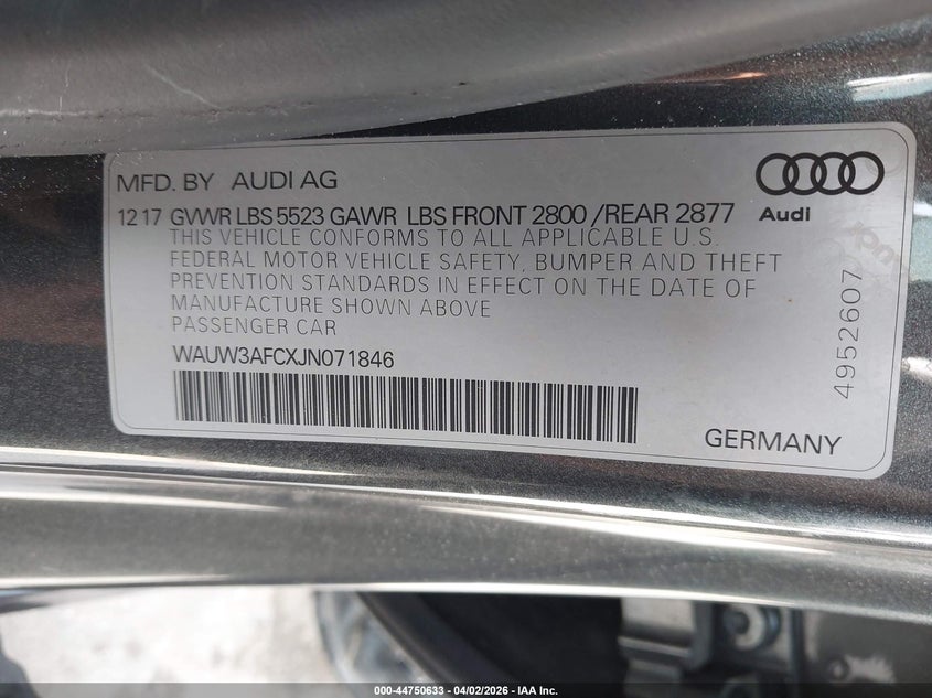 2018 Audi A7 3.0T Premium Plus VIN: WAUW3AFCXJN071846 Lot: 44750633