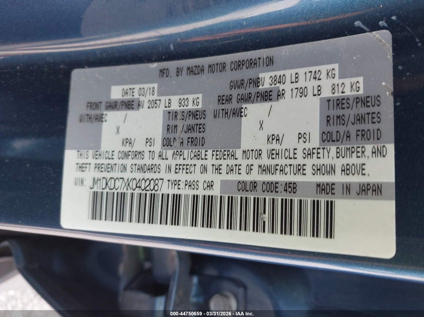 2019 Mazda Cx-3 Touring VIN: JM1DKDC7XK0402087 Lot: 44750659
