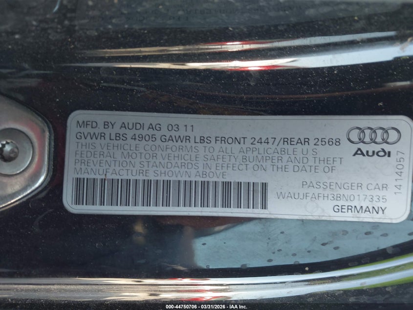 2011 Audi A5 2.0 2.0T Premium black Lot 111044750706 Vin WAUJFAFH3BN017335