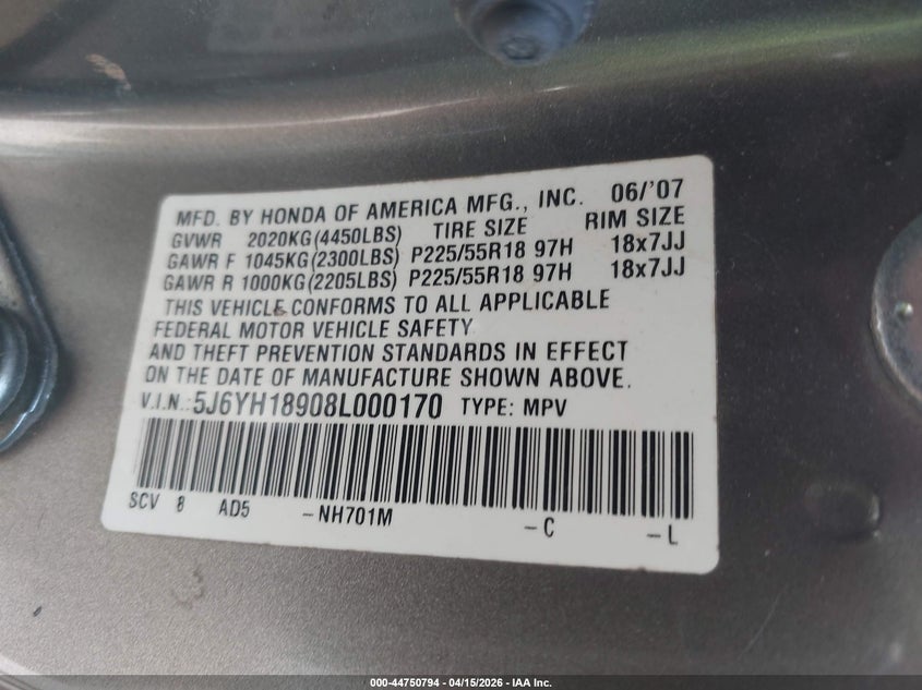 2008 Honda Element Sc VIN: 5J6YH18908L000170 Lot: 44750794