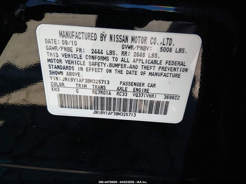 2011 Infiniti M37 VIN: JN1BY1AP3BM325713 Lot: 44750800