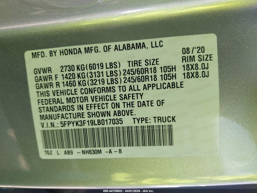 2020 Honda Ridgeline Awd Sport VIN: 5FPYK3F19LB017035 Lot: 44750802