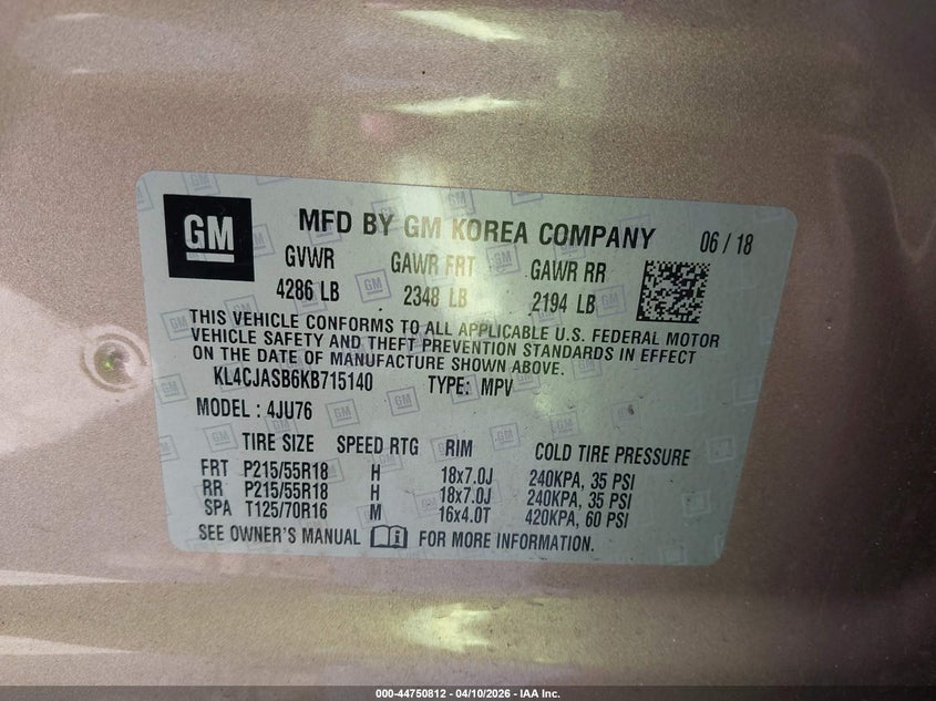 2019 Buick Encore Fwd Preferred VIN: KL4CJASB6KB715140 Lot: 44750812