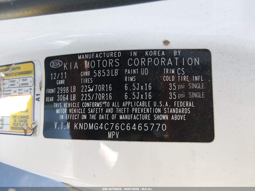 2012 Kia Sedona Lx VIN: KNDMG4C76C6465770 Lot: 44750828