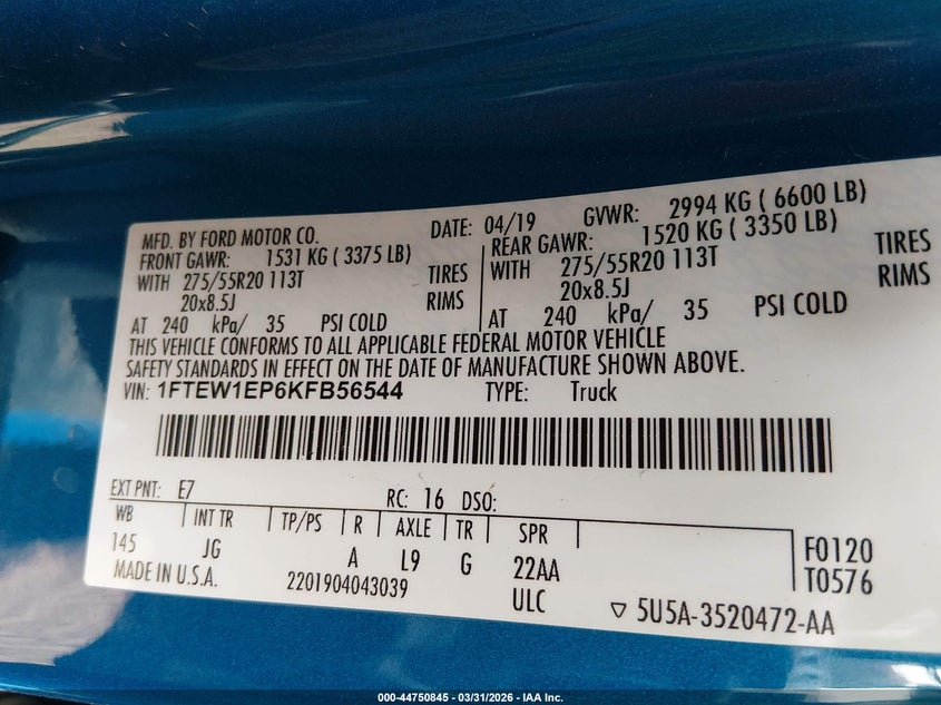 VIN 1FTEW1EP6KFB56544 2019 FORD F-150 XL