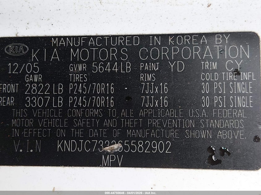 2006 Kia Sorento Ex/Lx VIN: KNDJC733265582902 Lot: 44750846