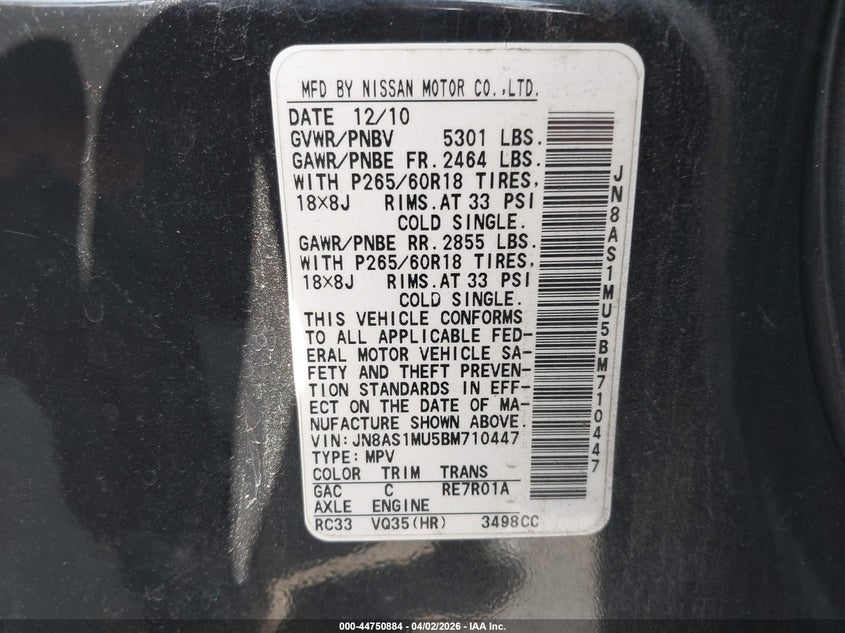 2011 Infiniti Fx35 VIN: JN8AS1MU5BM710447 Lot: 44750884