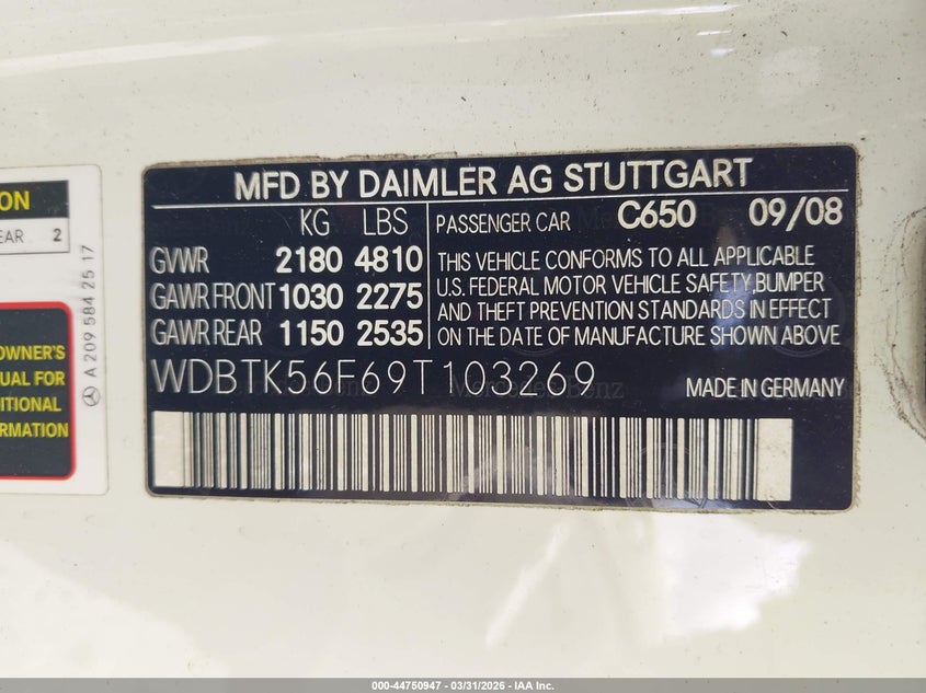 2009 Mercedes-Benz Clk 350 VIN: WDBTK56F69T103269 Lot: 44750947