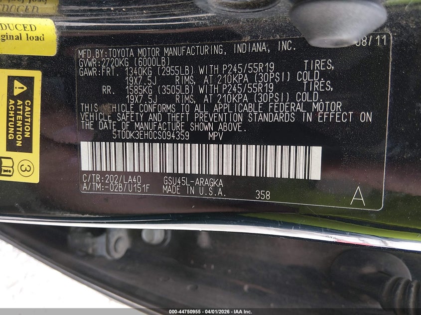 2012 Toyota Highlander 3.5 Limited V6 black Lot 111044750955 Vin 5TDDK3EH0CS094359