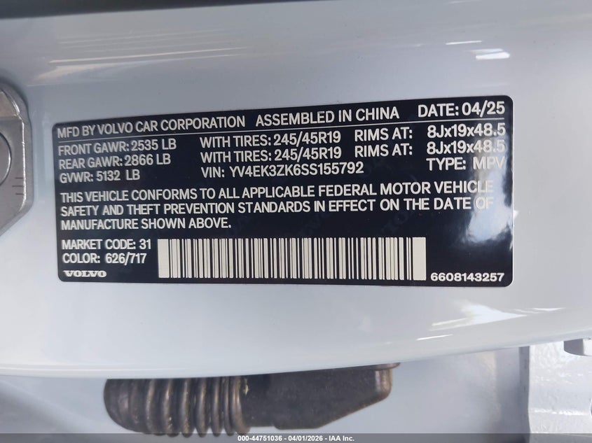2025 Volvo Ex30 Plus Twin Motor Performance, Fully Electric VIN: YV4EK3ZK6SS155792 Lot: 44751036