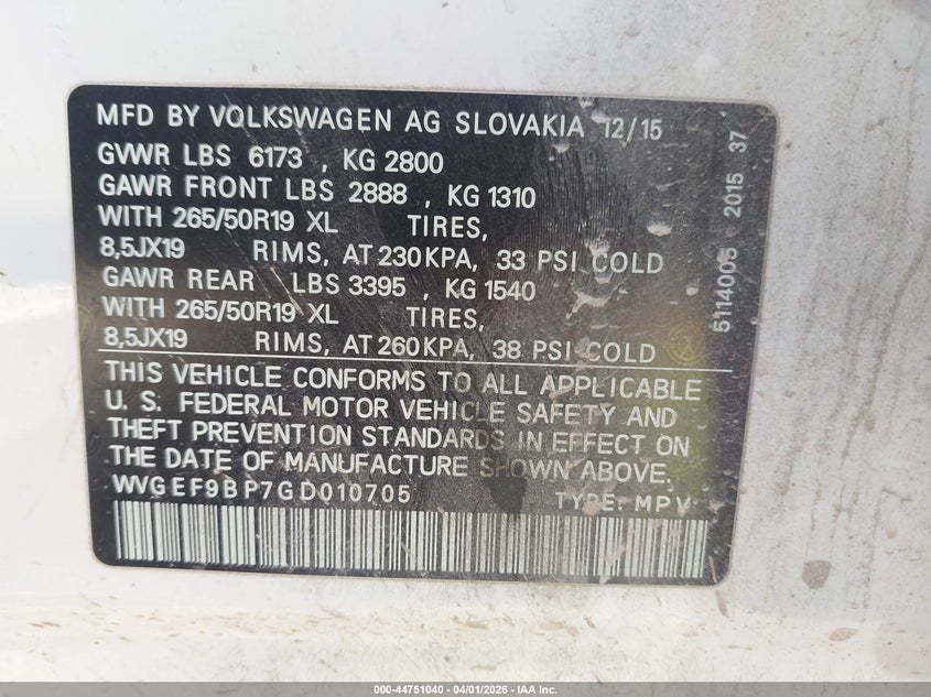 2016 Volkswagen Touareg Vr6 Lux VIN: WVGEF9BP7GD010705 Lot: 44751040