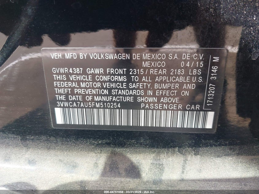 2015 Volkswagen Golf Sportwagen Tdi Se 4-Door VIN: 3VWCA7AU5FM510254 Lot: 44751056