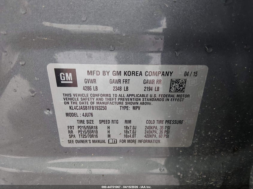 2015 Buick Encore VIN: KL4CJASB1FB193250 Lot: 44751067