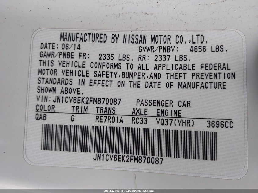 2015 Infiniti Q60 S Limited VIN: JN1CV6EK2FM870087 Lot: 44751083