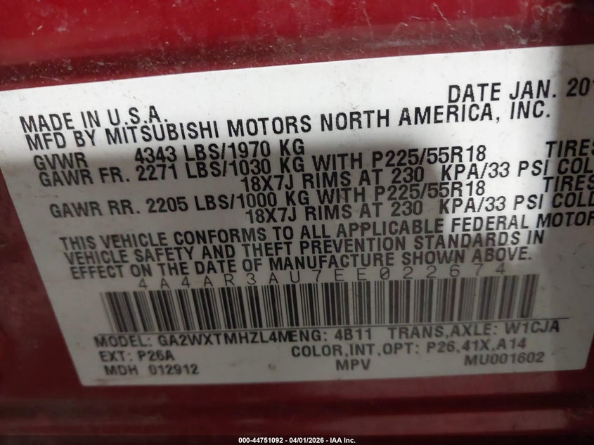 2014 Mitsubishi Outlander Sport Es VIN: 4A4AR3AU7EE022674 Lot: 44751092