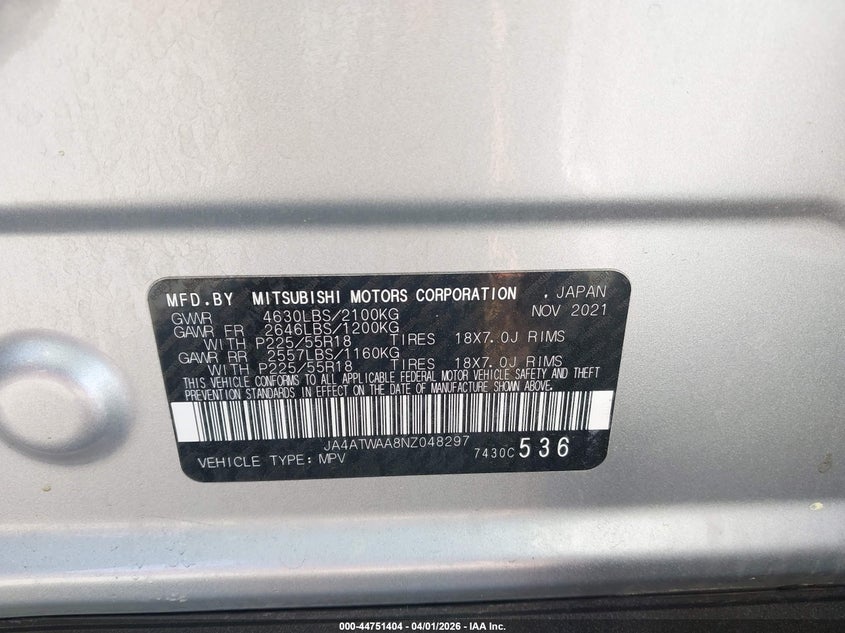 2022 Mitsubishi Eclipse Cross Se S-Awc/Se Special Edition S-Awc/Sel S-Awc/Sel Special Edition S-Awc VIN: JA4ATWAA8NZ048297 Lot: 44751404