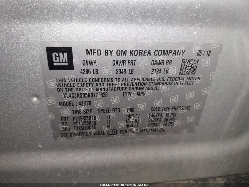 2019 Buick Encore Fwd Preferred VIN: KL4CJASB5KB700838 Lot: 44751412