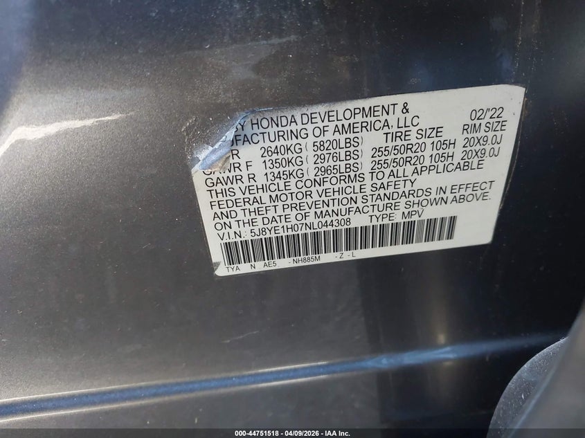 2022 Acura Mdx A-Spec Package VIN: 5J8YE1H07NL044308 Lot: 44751518