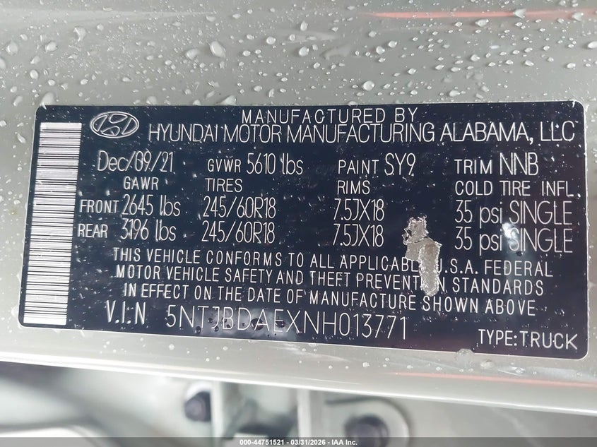 2022 Hyundai Santa Cruz Sel VIN: 5NTJBDAEXNH013771 Lot: 44751521