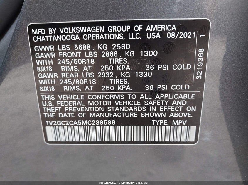2021 Volkswagen Atlas Cross Sport 2.0T S VIN: 1V2GC2CA5MC239598 Lot: 44751576