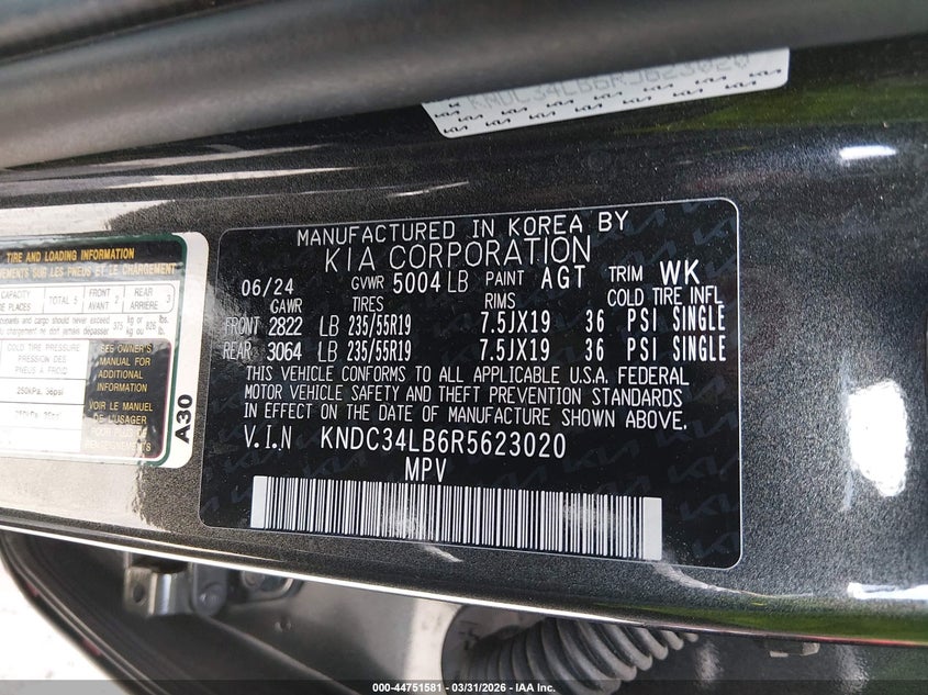 2024 Kia Ev6 Light VIN: KNDC34LB6R5623020 Lot: 44751581