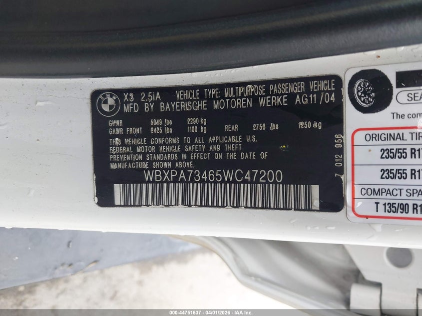 2005 BMW X3 2.5I VIN: WBXPA73465WC47200 Lot: 44751637