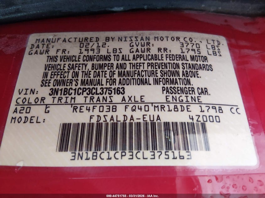 2012 Nissan Versa 1.8 1.8 S Red Lot 111044751755 Vin 3N1BC1CP3CL375163