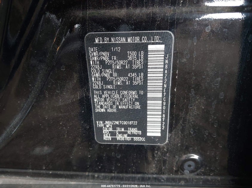 2012 Infiniti Qx56 VIN: JN8AZ2NE7C9018722 Lot: 44751775