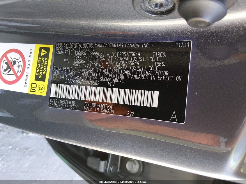 2T2ZK1BA7CC070582 2012 Lexus 3.5 Rx 350 grey