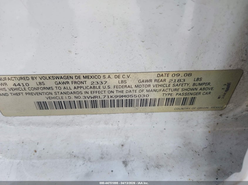 2009 Volkswagen Jetta Tdi VIN: 3VWRL71K99M055030 Lot: 44751895