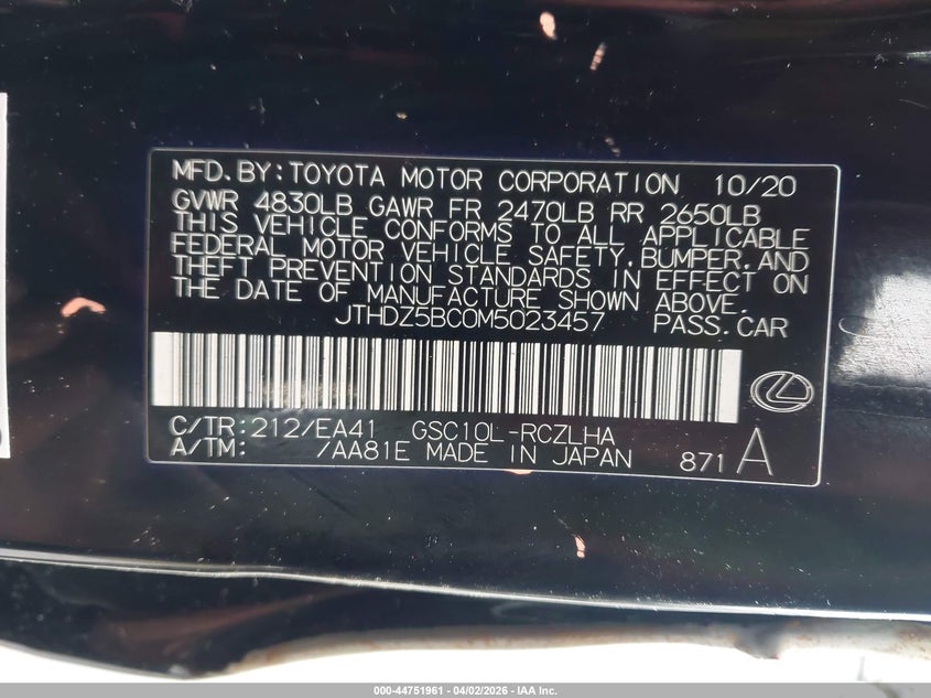 2021 Lexus Rc 350 VIN: JTHDZ5BC0M5023457 Lot: 44751961