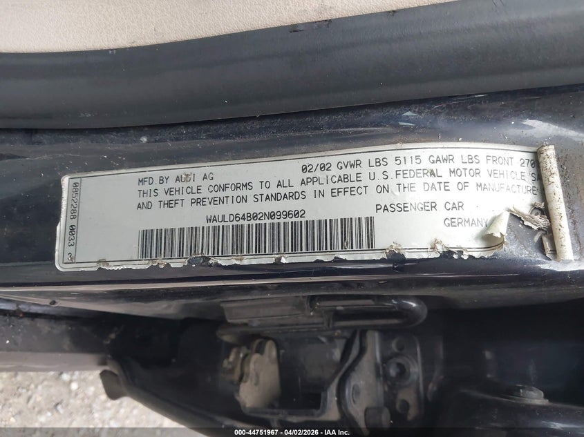 2002 Audi A6 2.7T VIN: WAULD64B02N099602 Lot: 44751967